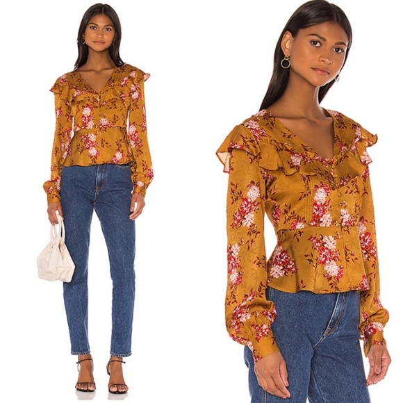 MAJORELLE Broadway V-Neck Ruffle Floral Satin Top Blouse Revolve Size XS - Picture 1 of 14